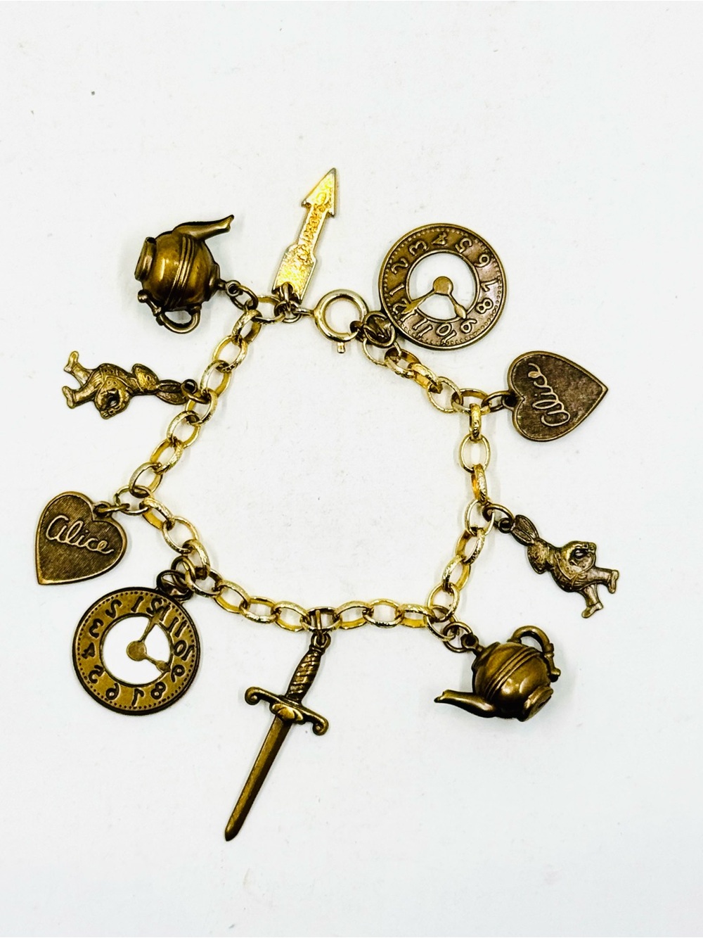 Alice in Wonderland Gold-Tone Charm Bracelet W/Teapot Sword Rabbit Clock Charms